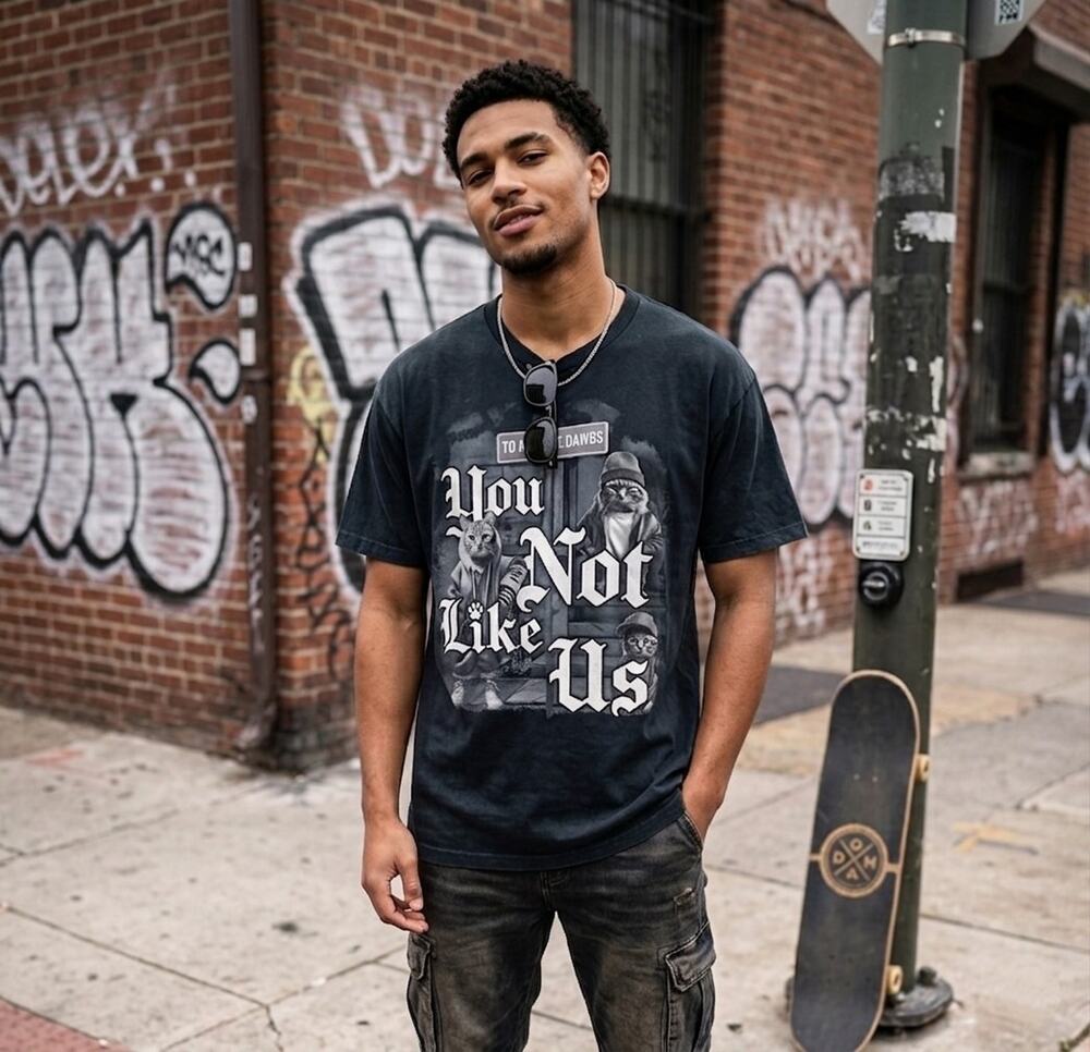 DOM “You Not Like Us” Graphic Tee Black Men’s 2XL – Streetwear Cats Funny Print